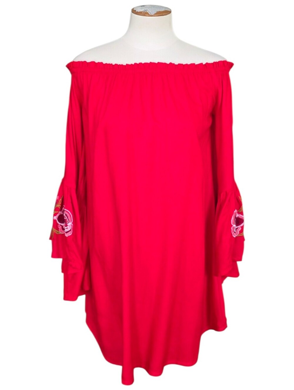 Feathers Red Embroidered Bell Sleeve Peasant Dress Boho Festival Size Small